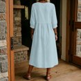 thumbnail image 4 of Summer V Neck Midi Dress for Women 3/4 Sleeve Solid Cotton Linen Dresses Casual Loose Beach Vacation Dresses with Pocket, XL, 4 of 5
