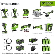 Greenworks 24V Brushless 10PC Power Tool Combo, Drill+Impact Driver+Circular Saw+Recip Saw+Jig Saw+Sander+Light+Multi-Tool+Nailer+Grinder,w/4.0Ah+2.0Ah Batteries and 65W USB-C Charger