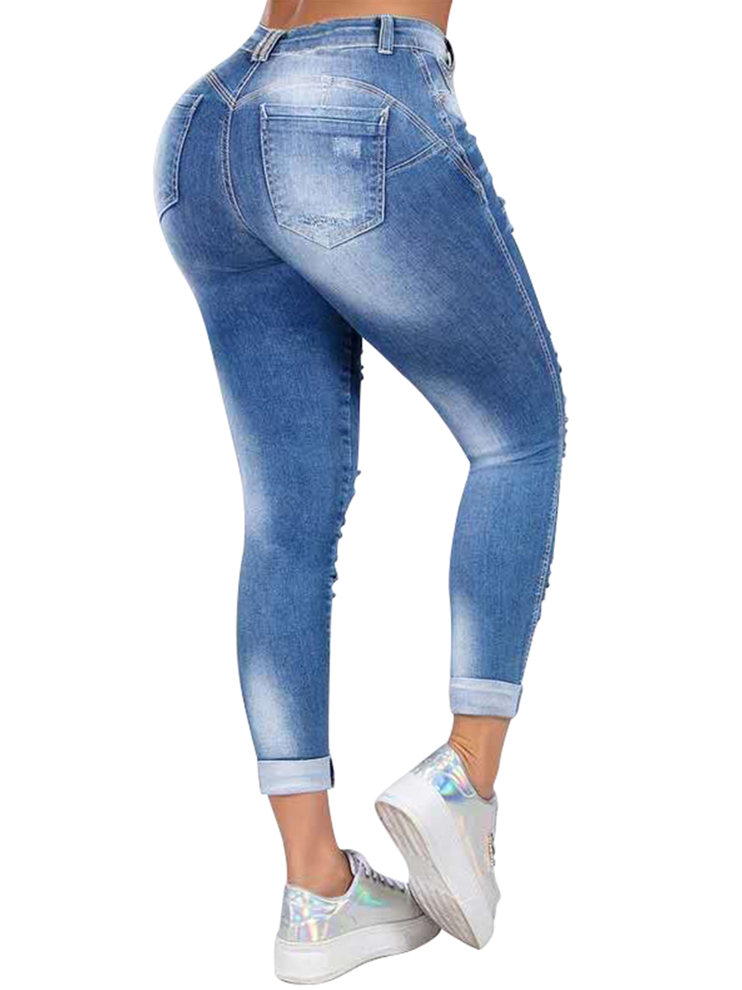 Ripped Distressed Jeans For Women Mid Rise Skinny Slim Fit Jeans Ladies Cut Denim Trouser Pants For Juniors - image 3 of 3