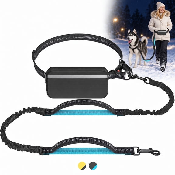 LAKWAR Hands Free Dog Leash for Running Jogging Walking with Zipper Pouch, Retractable Bungee Pet Leash Belt with Dual Padded Handles for Large Medium Dogs, Adjustable Reflective Waist Belt