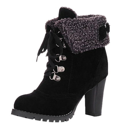 

Women Non-Slip High Heels Lace-Up Solid Color Short Booties Round Toe Shoes