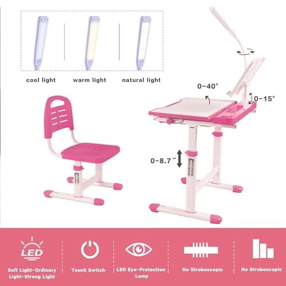 Napfox Desk for Kids Desk and Chair Set Kids Art Desk Drafting Table Desk Set with Adjustable Height, 40-Degree Tiltable Children Desktop, LED Light,Bookstand,Pink