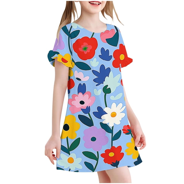 RXIRUCGD 2025 Vêtements d'Été pour Enfants 3-12 Ans Mode Imprimée Pyjama Rêveur Mi-Mollet Chemise de Nuit