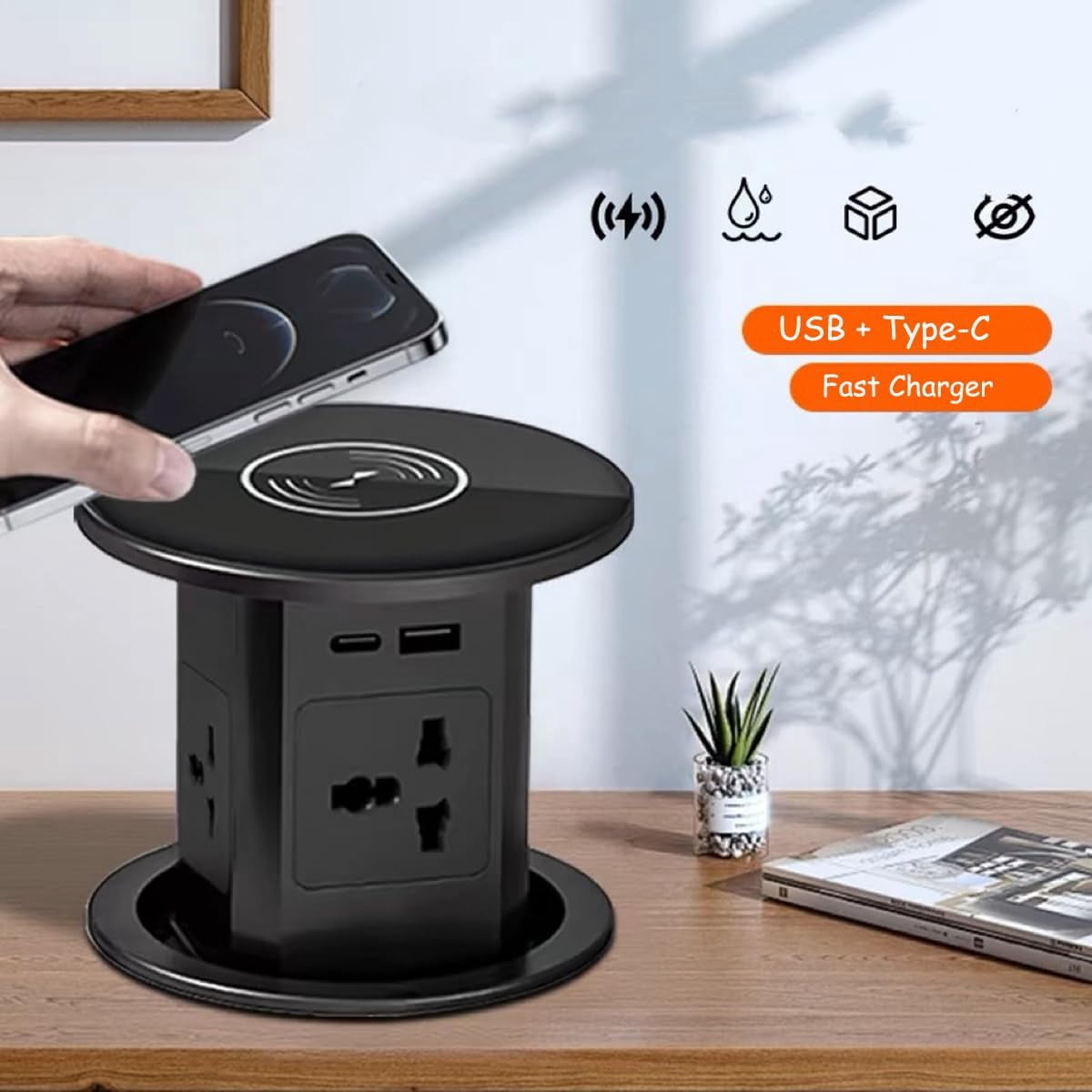 Pop Up Outlet, Automatic Hidden Power Strip with 15W Wireless Charger, 4 AC Outlets Plug with 2.1A USB and PD 20W Type-C Rapid Charge Stations for Countertop Kitchen Conference Workbench