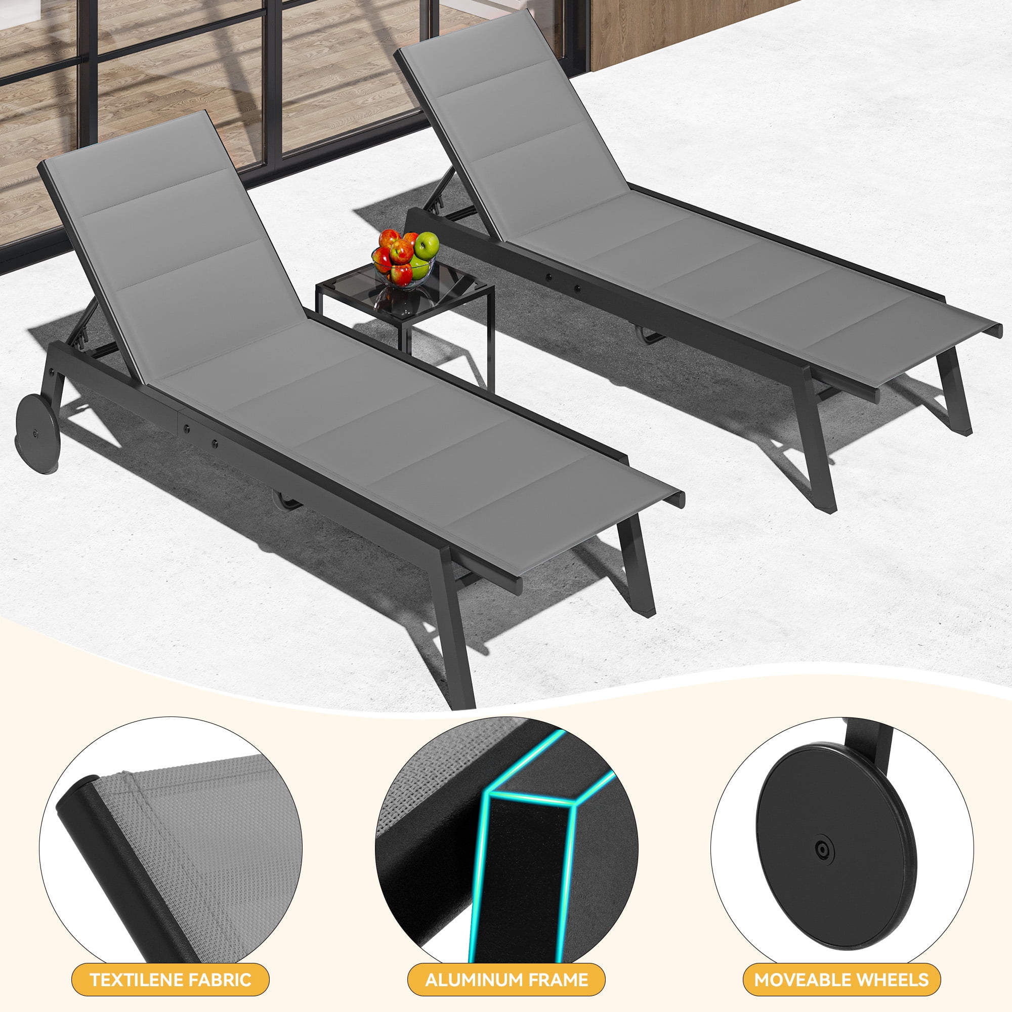 Uforic Outdoor Chaise Lounge Chairs Set with Side Table, Padded Fabric Poolside Loungers with Aluminum Frame