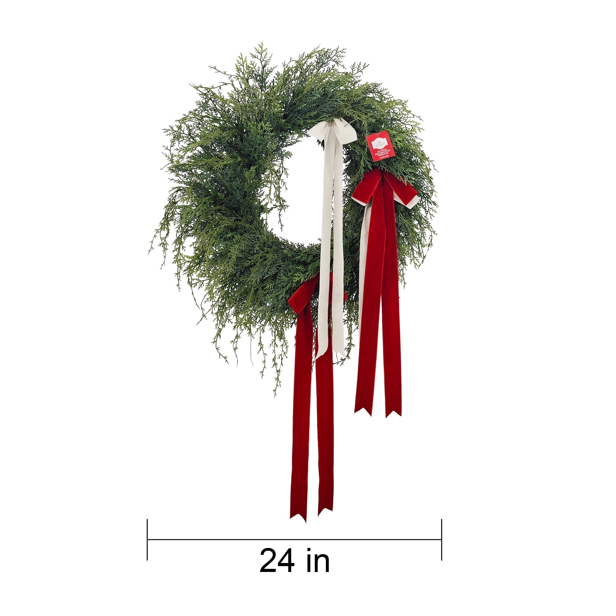 Evergreen Artificial Christmas Wreath with Bows, Green/Red/White, 24", by Holiday Time