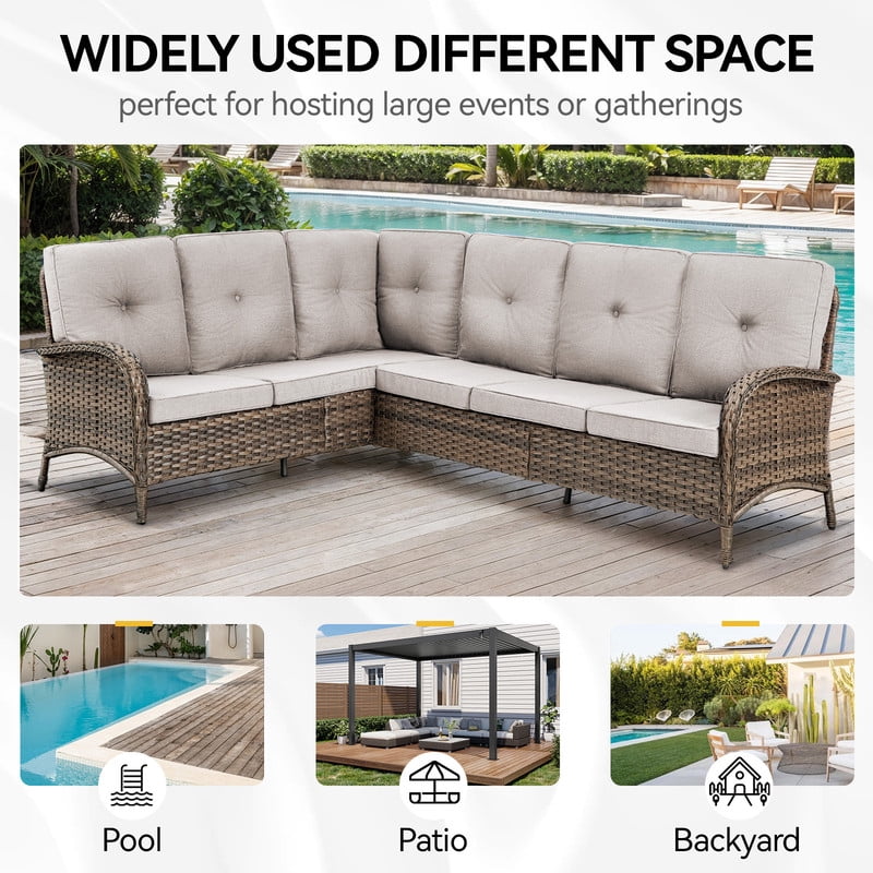 PARKWELL Outdoor Furniture Sectional Sofa L Shaped Couch,Patio Wicker 5-Seat High Back Conversation Set for Balcony Yard,Brown Wicker Beige Cushion
