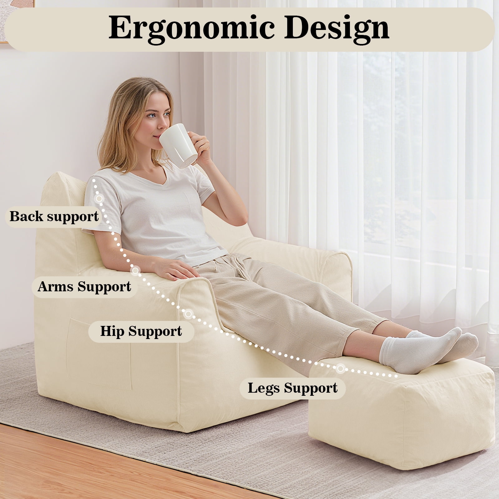 Bean Bag Chair with Ottoman Bean Bag with Footstool for Adults Teens, Bean Bag Sofa with Washable Cover, Pocket, Handle for Bedroom, Living Room, Beige