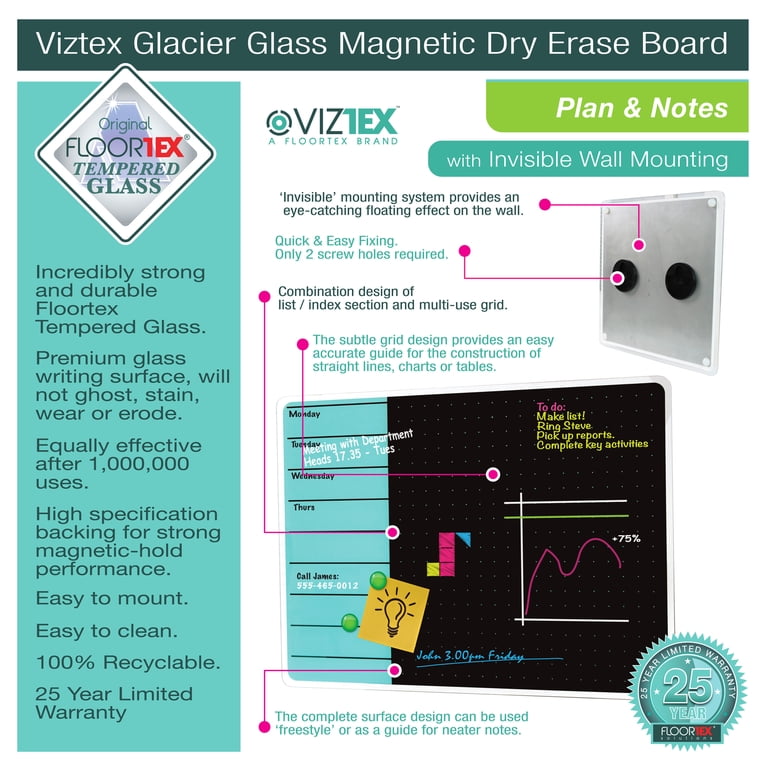 Floortex Viztex Plan & Grid Glass Dry Erase Board, 17\" X 23\", Glacier Violet & Black