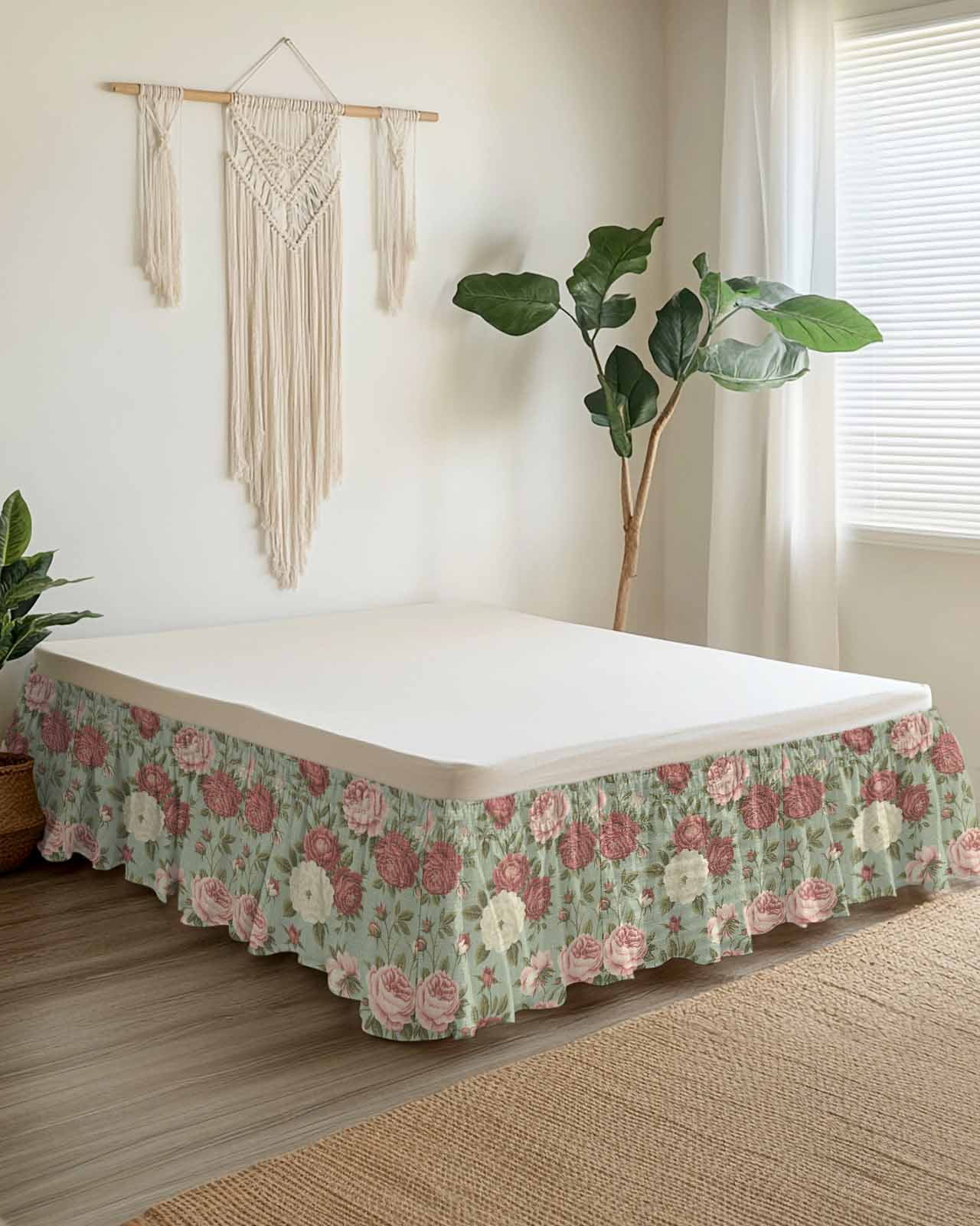 Spring Pink Roses Bed Skirt King Size 16 Inch Drop, Flowers Retro Countryside Adjustable Elastic Dust Ruffles Bedskirt for King Bed Wrap Around Pleated Mattress Frame Cover