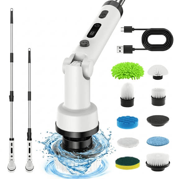 Electric Spin Scrubber, Extendable to 55” – Cordless Electric Cleaner for Shower, Kitchen, Bathroom, Tile, Tub, Car, Deck - Rechargeable Spin Brush with Adjustable Brush Head & 9 Attachments
