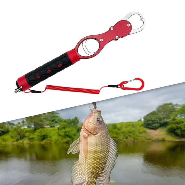 Clip de Labio de Pescado con Escala de Peso Clip de Labio de Pesca Abrazadera de Aleación de Aluminio de 40 Lb Equipo de Pesca Herramienta de Mango de Rojo