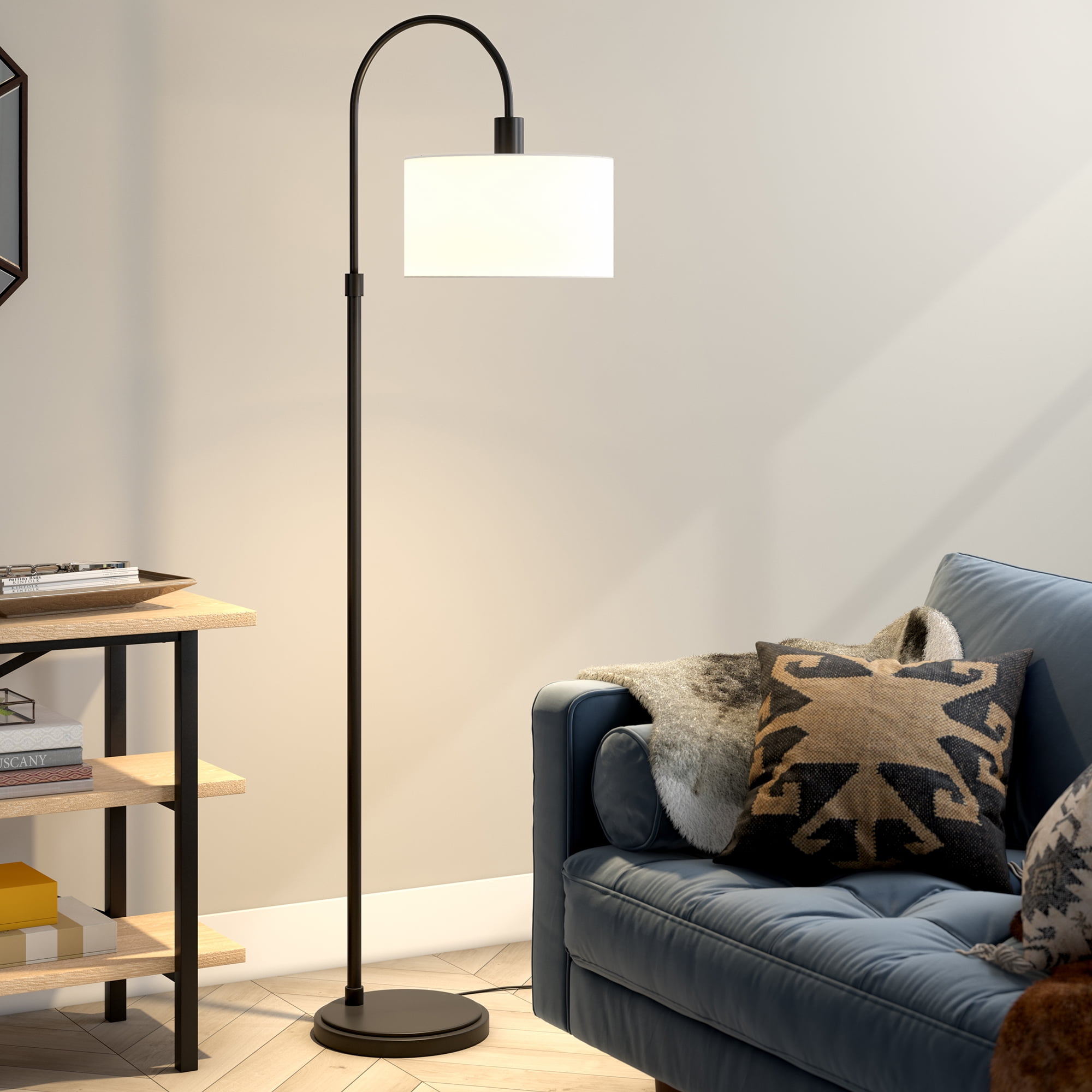 Evelyn&Zoe Veronica Arc Floor Lamp with Fabric shade in Blackened Bronze/White