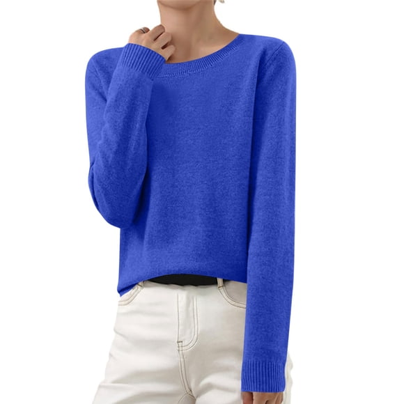 VgaVtl Cotton Women Sweater Pullover Long Sleeve Fall Sweaters Women Knitted Blue Regular Solid Color Leisure Sweaters