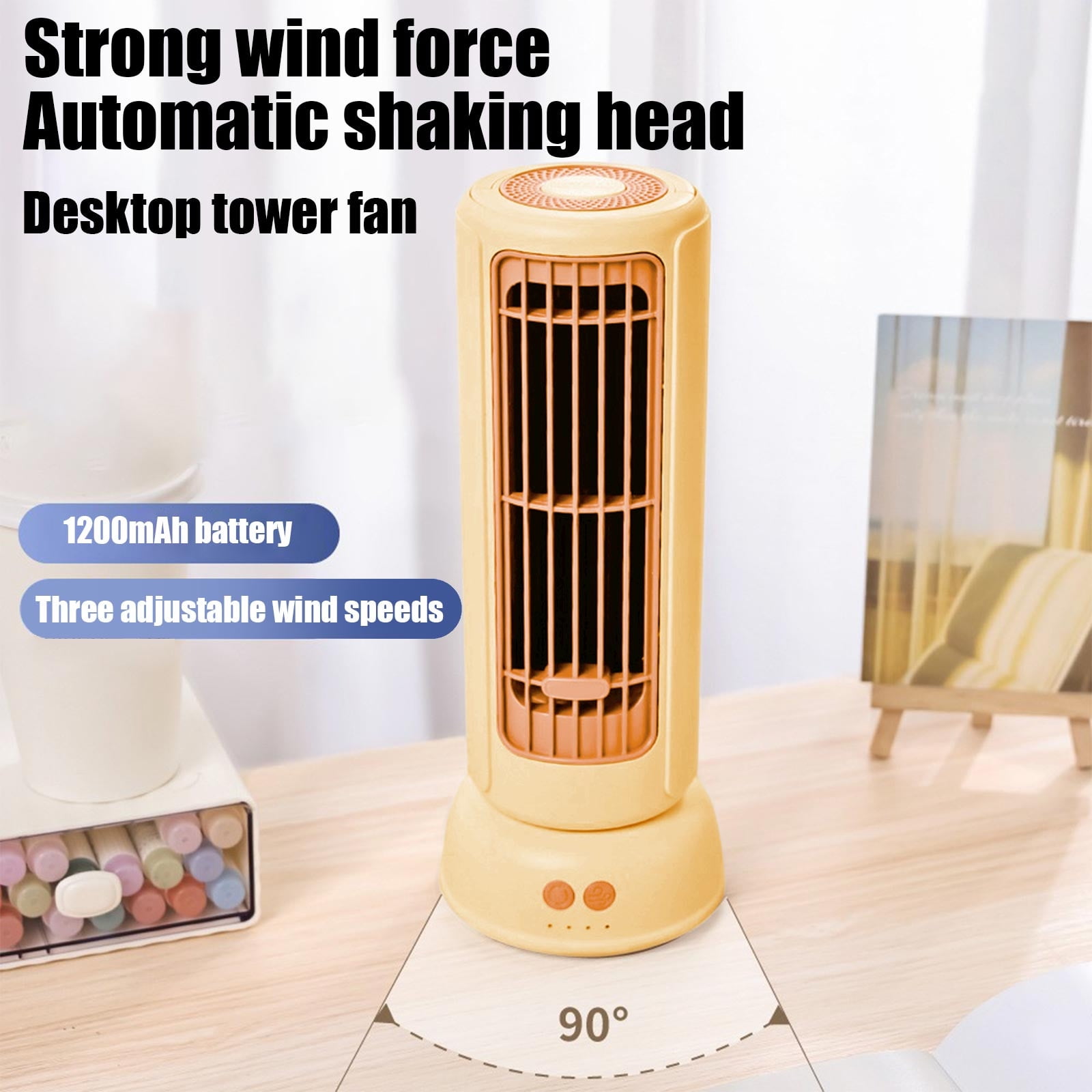 AUHomi Desktop Tower Fan, Oscillating Desktop Wind Tower Fan, 3-Speeds, 90° Oscillating, Portable Air Conditioners Bladeless Standing Fans Quiet Cooling Table Fans for Office, Bedroom and Kitchen (Yel