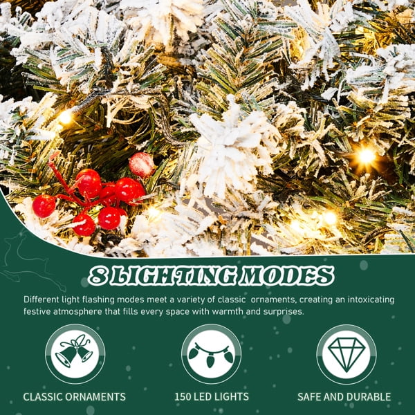 Alvantor 48 in Pre-Lit Snow-Flocked Christmas Wreath, 150 Warm White LED Lights, 450 PVC Tips, Remote Control, DIY Ornaments, Snowy Green