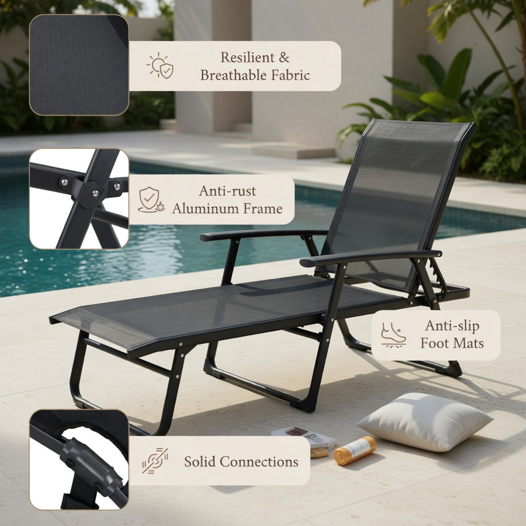 Hommoo Foldable Outdoor Chaise Lounge Chair with Adjustable Backrest & Footrest, Steel Frame, Breathable Fabric, Perfect for Patio, Poolside & Garden, Black