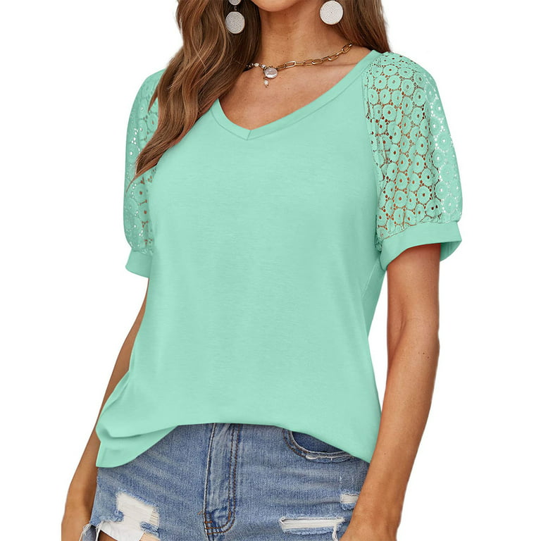 Sksloeg Womens Blouses Summer Solid Lace Puff Short Sleeve Blouses V Neck  Loose Fitted Tee Top,Green L 