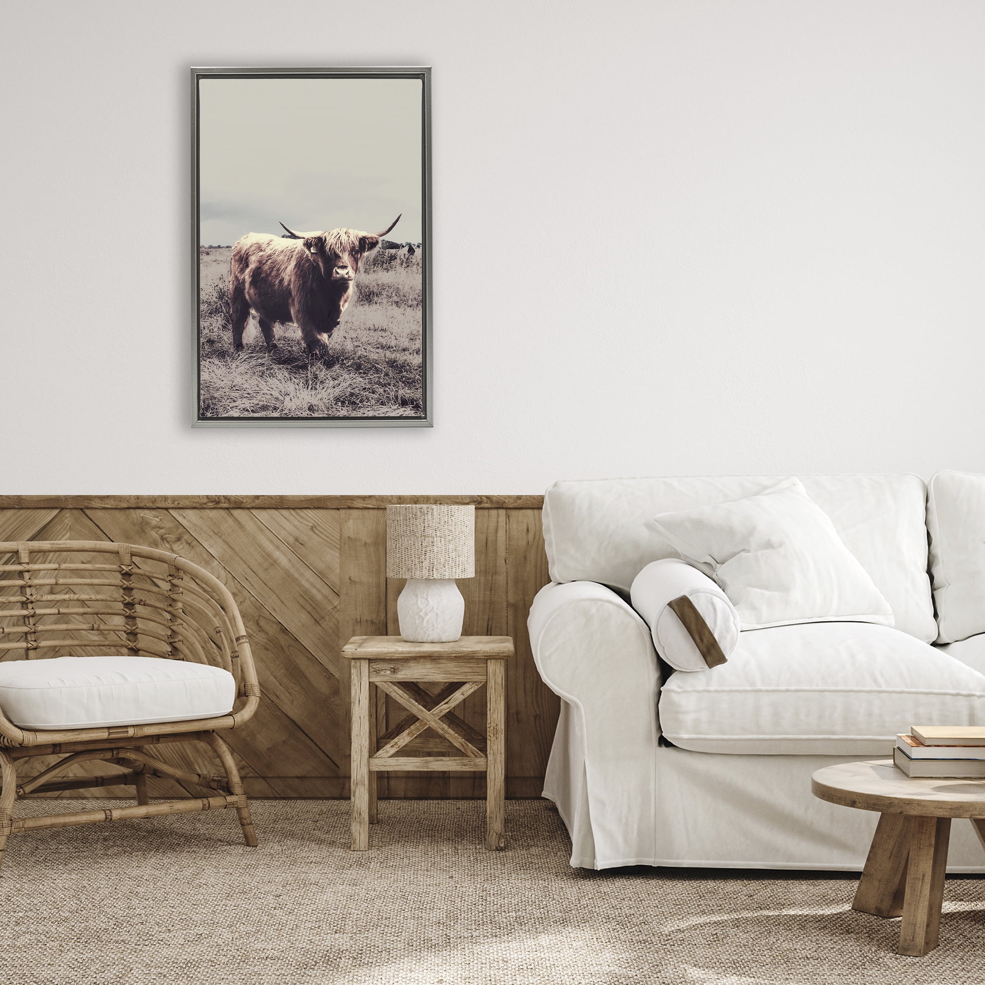 Stupell Industries Horned Cattle in Pasture Gray Framed Floater Canvas Wall Art, design by SD Graphics Studio