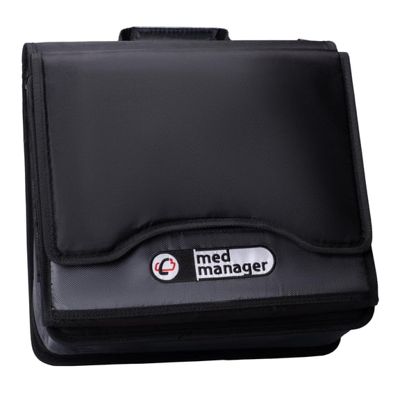 Med Manager Medicine Supply Organizer with Insulin Cooler Travel Case, Holds (15) Pill Bottles - (11) Standard Size and (4) Large Bottles, Black, 13 inches x 13 inches x 4.5 inches