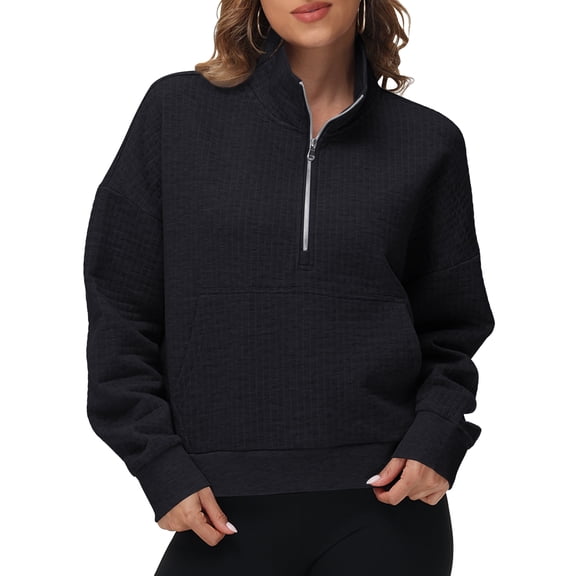 Pdbokew Women's Waffle-Knit Hoodie Top with 1/2 Zip for Casual Wear Autumn Sweatshirt Black L
