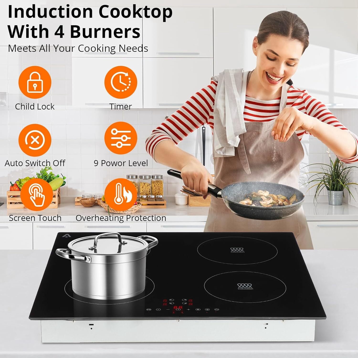Aoile 4 Burner Electric Cooktop, 7400W Built-in Electric Stove Top with Overheat Protection, Kids Lock & Timer, 240V, Black