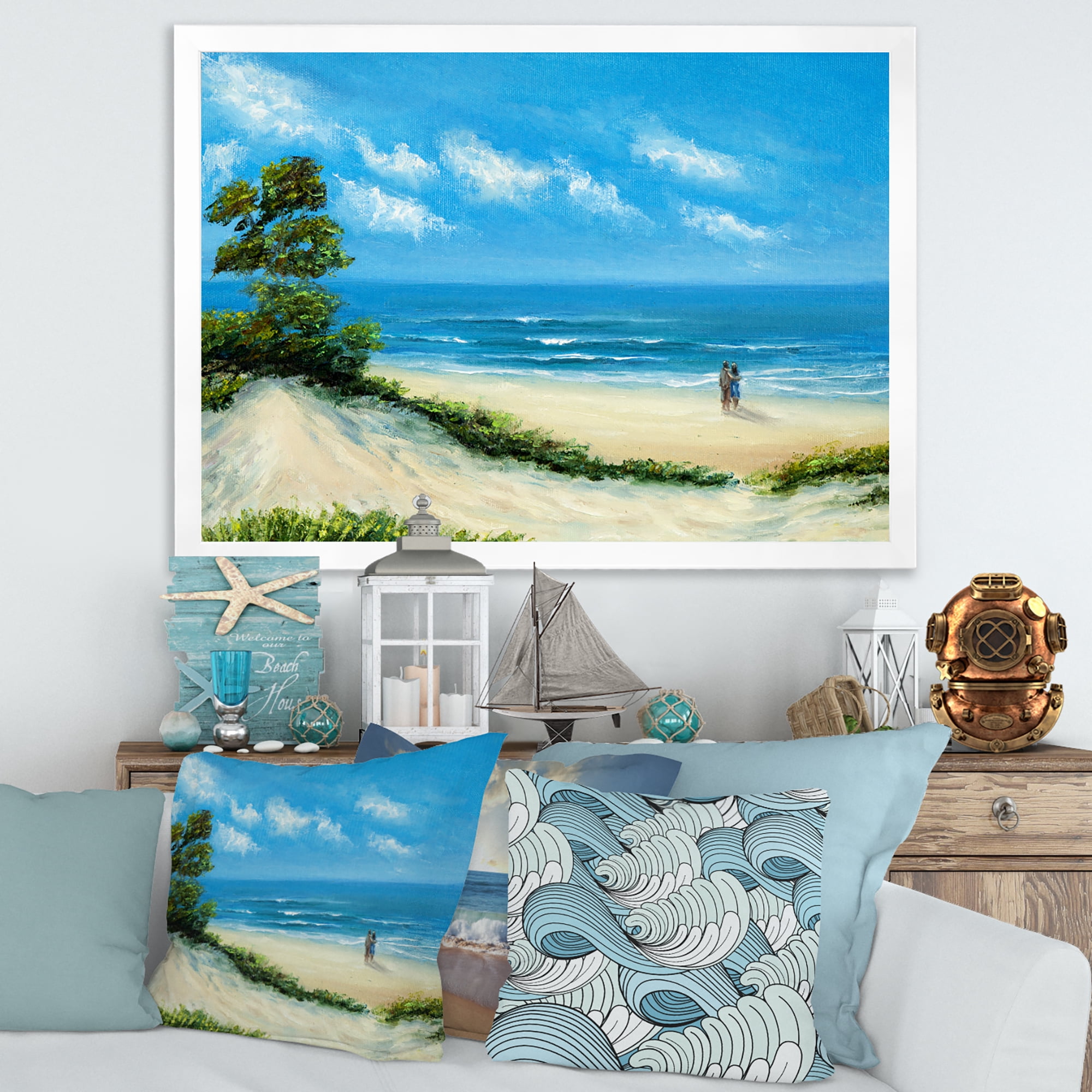 Designart 'Couple At The Beach In Sunlight' Nautical & Coastal Framed Art Print