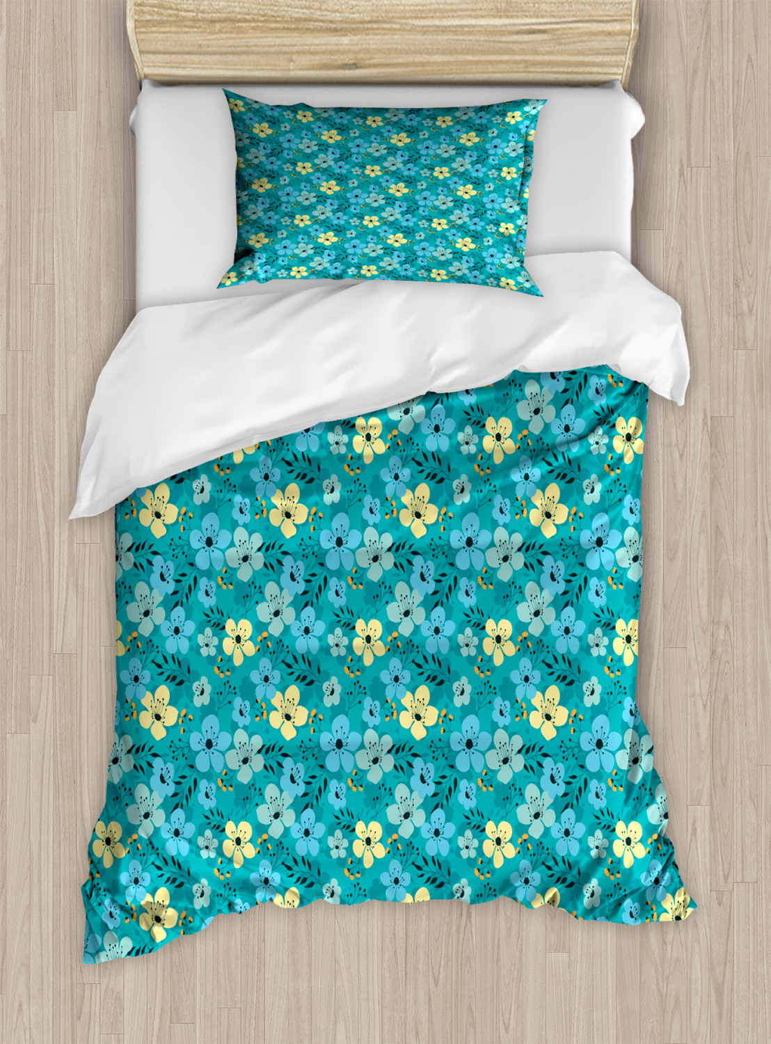 Floral Twin Size Duvet Cover Set, Exotic Vibrant Flower Field Botanical