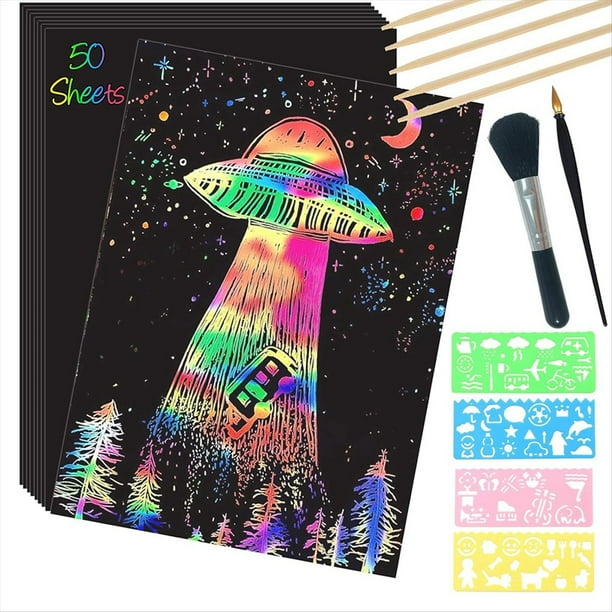 Juego de Arte de Papel para Rascar, 50 Hojas de 8x11 Pulgadas, Tablero para Rascar Recubierto de Arcoíris, Papel para Rascar Grande con Lápices y Plantillas de Madera