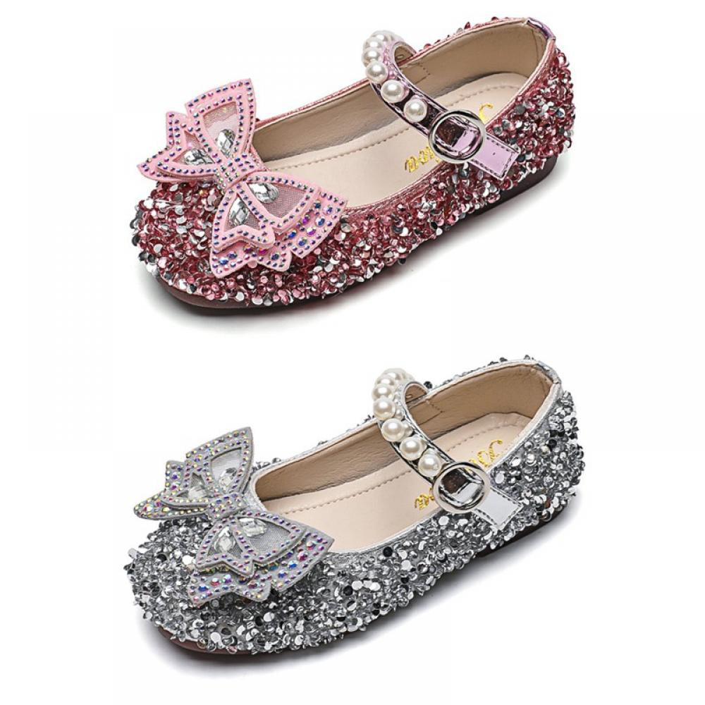 O&N Girls Toddler Glitter Ballet Flat Round-Toe Bow Ballerina Dance Shoes Princess Wedding Party Mary Janes 