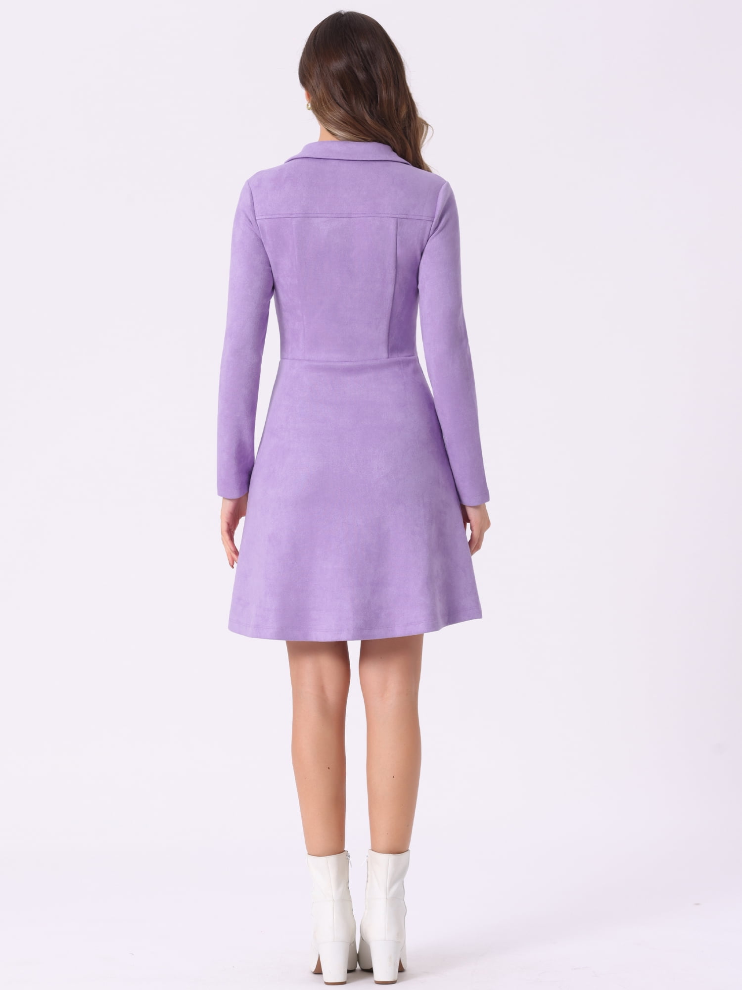 DARING DIVA Faux Suede Lapel Neck Long Sleeve A-Line Dress L Purple