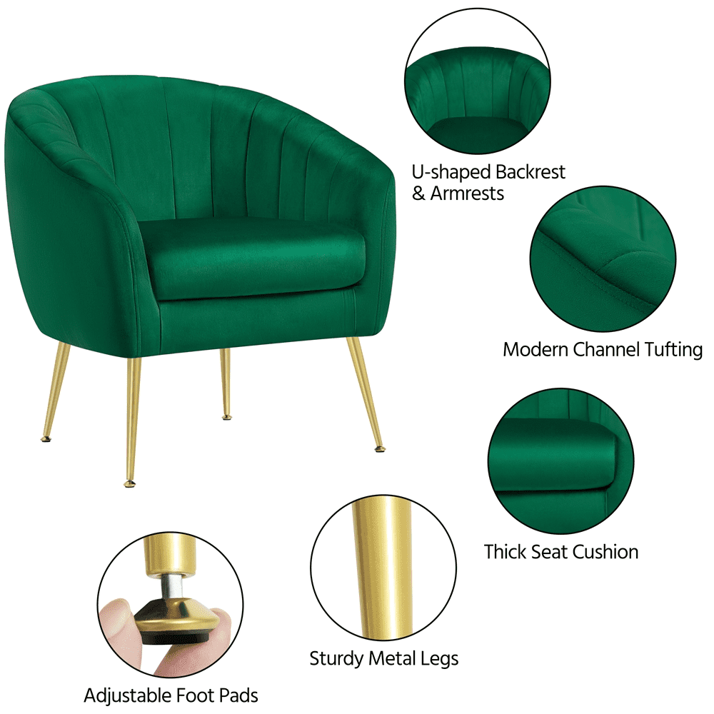 Alden Design Barrel Accent Chair with Gold Metal Legs for Living Room, Green
