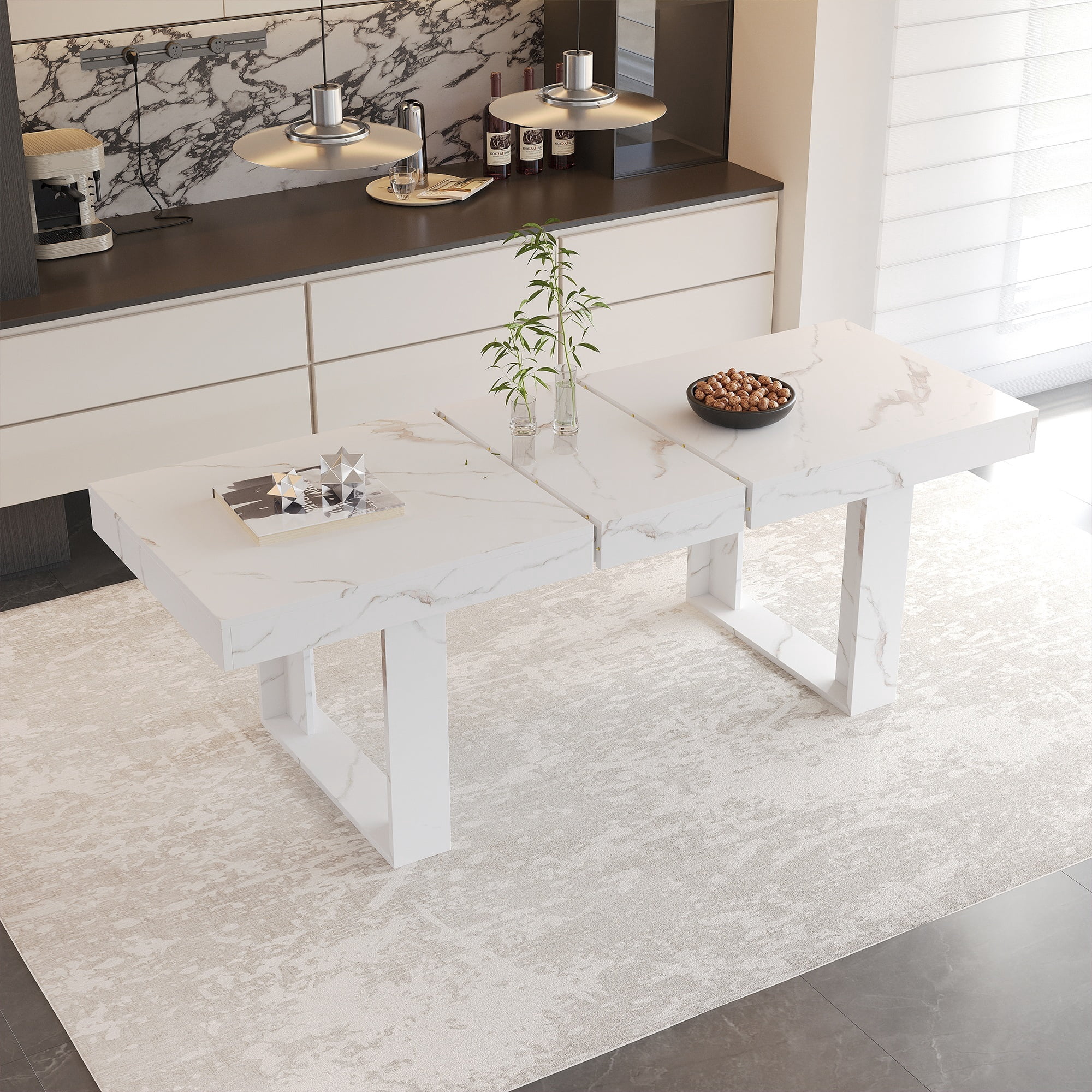 Coewske 70.9''-86.6'' Wooden Extendable Dining Table Kitchen Expanding Table w/Faux Marble Tabletop White