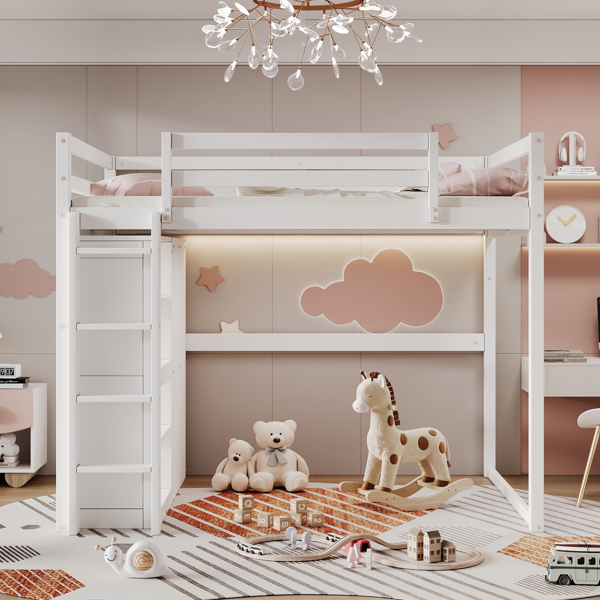 Euroco Wood Full Size Loft Bed with LED Light, Bookcase and Wardrobe, Storage Shelf for Kids Teens, White