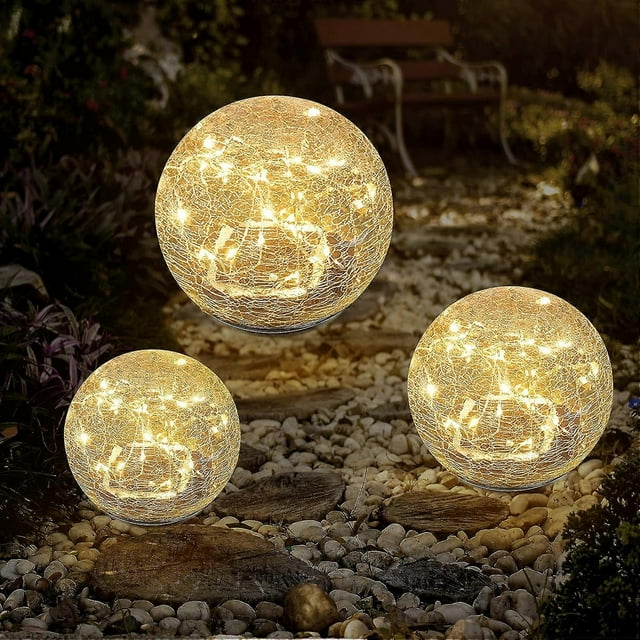 Luces solares para jardín, bola de cristal agrietado, impermeable, LED blanco cálido, para decoración exterior, caminos, patios y césped, 1 globo (11 cm)