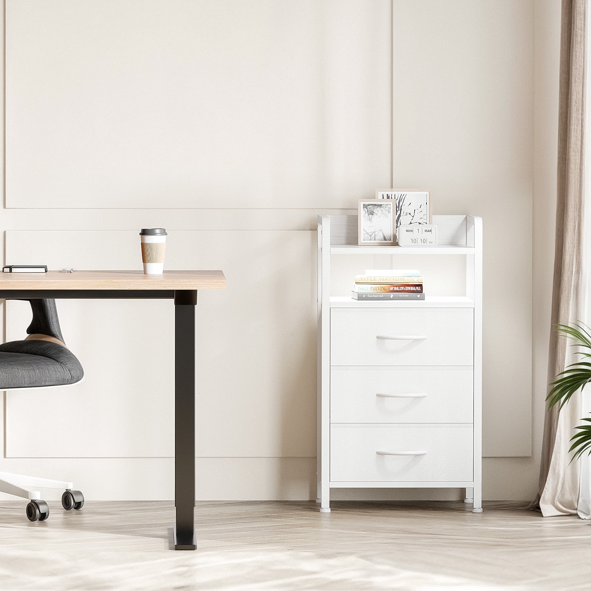 Bestco LED Nightstand End Table with Charging Station & 3 Drawers for Bedroom White