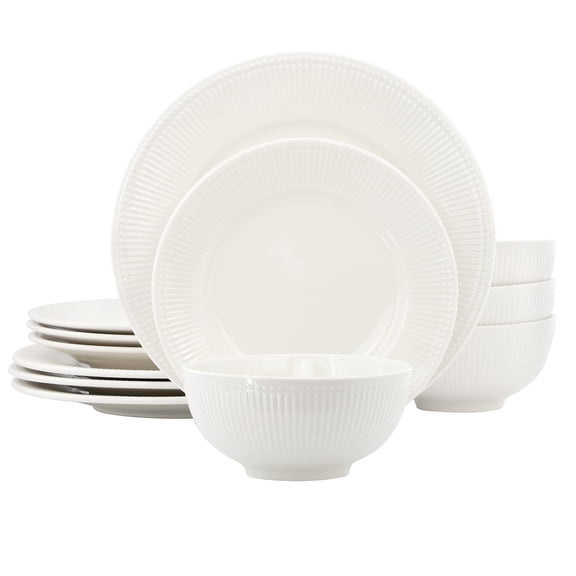 Elama Gianna 12 Piece Round Stoneware Dinnerware Set in White