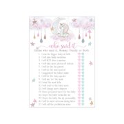 Unicorn Mommy or Daddy Baby Shower Game Card 25 Pack Guess Who Said It Parents Guessing Activity - Whimsical Star and Moon Theme Pink Gold Printed - Paper Clever Party