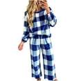 thumbnail image 5 of Two Piece Plaid Set for Women Long Sleeve Crew Neck Tops Wide Leg Pants Fall Winter Thicken Warm Soft Lounge Home Wear (M, Blue), 5 of 7