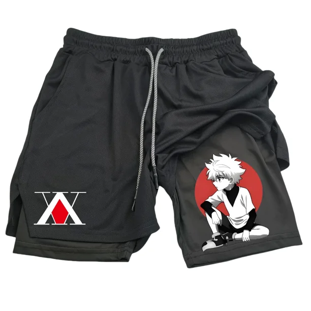 Pantalones cortos para correr 2 en 1 para hombre con bolsillos para teléfono, toalla con lazo, estampado de anime, pantalones cortos de compresión atléticos ligeros para entrenamiento en gimnasio