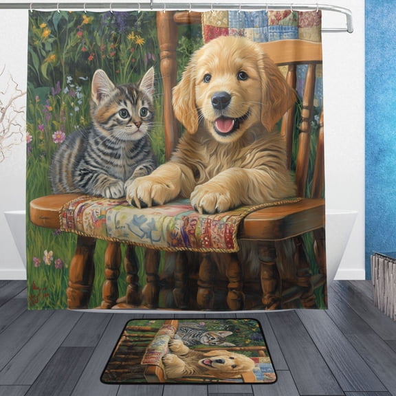 BZSMCE Shower Curtain and Bath Accessory Set,Paws and Petals Pattern