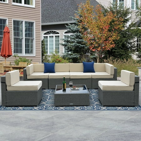 Sunvivi Patio Furniture Sets 7 Pieces Outdoor Sectional Sofa Set Gray Wicker Patio Conversation Set with Glass Table Beige Cushion 2 Throw Pillows Waterproof Cover