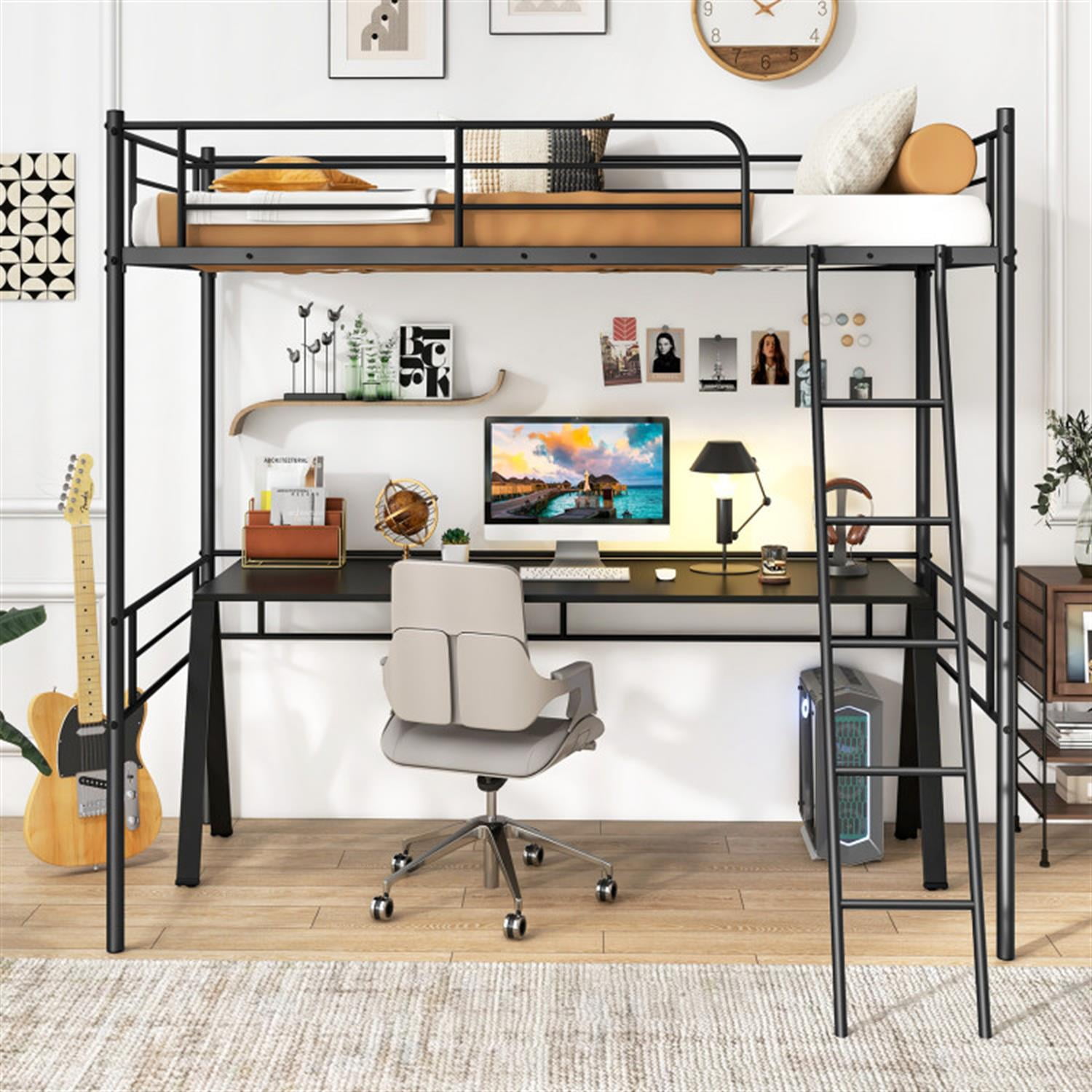 Demi Bonn Twin Size Loft Bed Metal Bed Frame with Ladder and Guardrails for Teens, Black