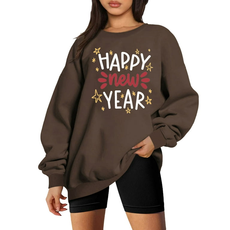 End-of-year Savings! Tejiojio Clearance Women Classic New Year Christmas  Print Crewneck Long Sleeve Loose Sweatshirt Tops 