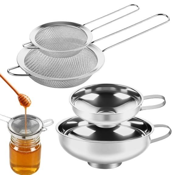 4 Pack Stainless Steel Funnels with Fine Mesh Strainer, Household Kitchen Canning Funnels with Stainless Steel Colander