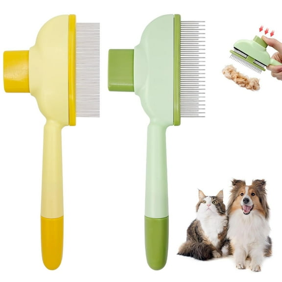 2 Pack Self-Cleaning Flea Comb for Cats & Dogs, Pet Hair Removal Brush with Long & Short Stainless Steel Teeth, Easy Release Button (Yellow & Green)