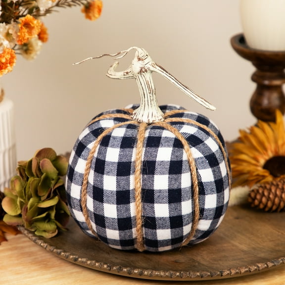 Northlight Buffalo Plaid Fall Harvest Pumpkin with Weathered Stem - 7.75" - Blue