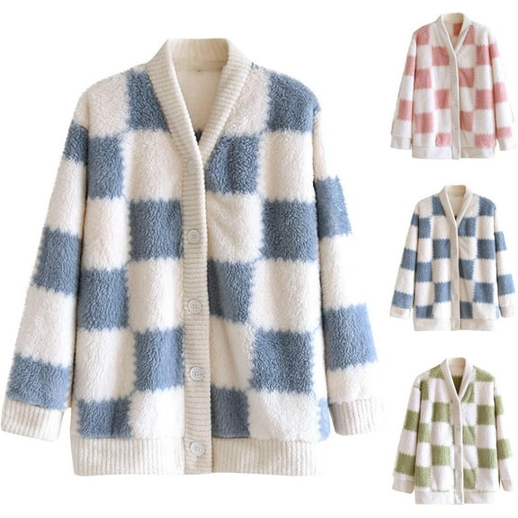 QLEICOM Bed Jackets for Women,Thermal Long Sleeve Women,Women's Plaid Print Sleepshirt with V-Neck Button Front and Pockets for Lounge Comfortable Long Sleeve Top for Relaxing At Home In Style