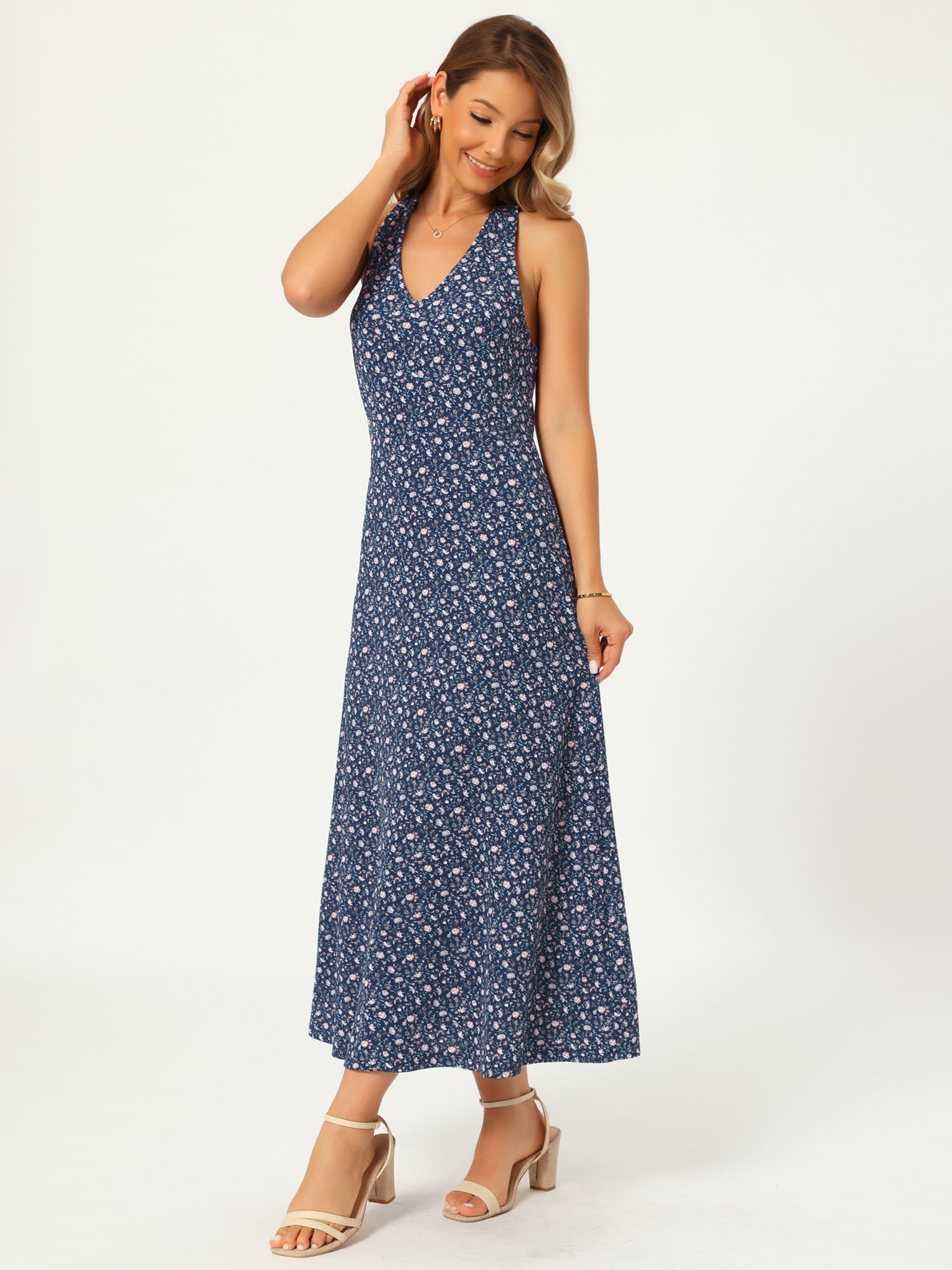 DARING DIVA Women's Halter Sleeveless A-line Maxi Floral Print Casual Sundress M Navy