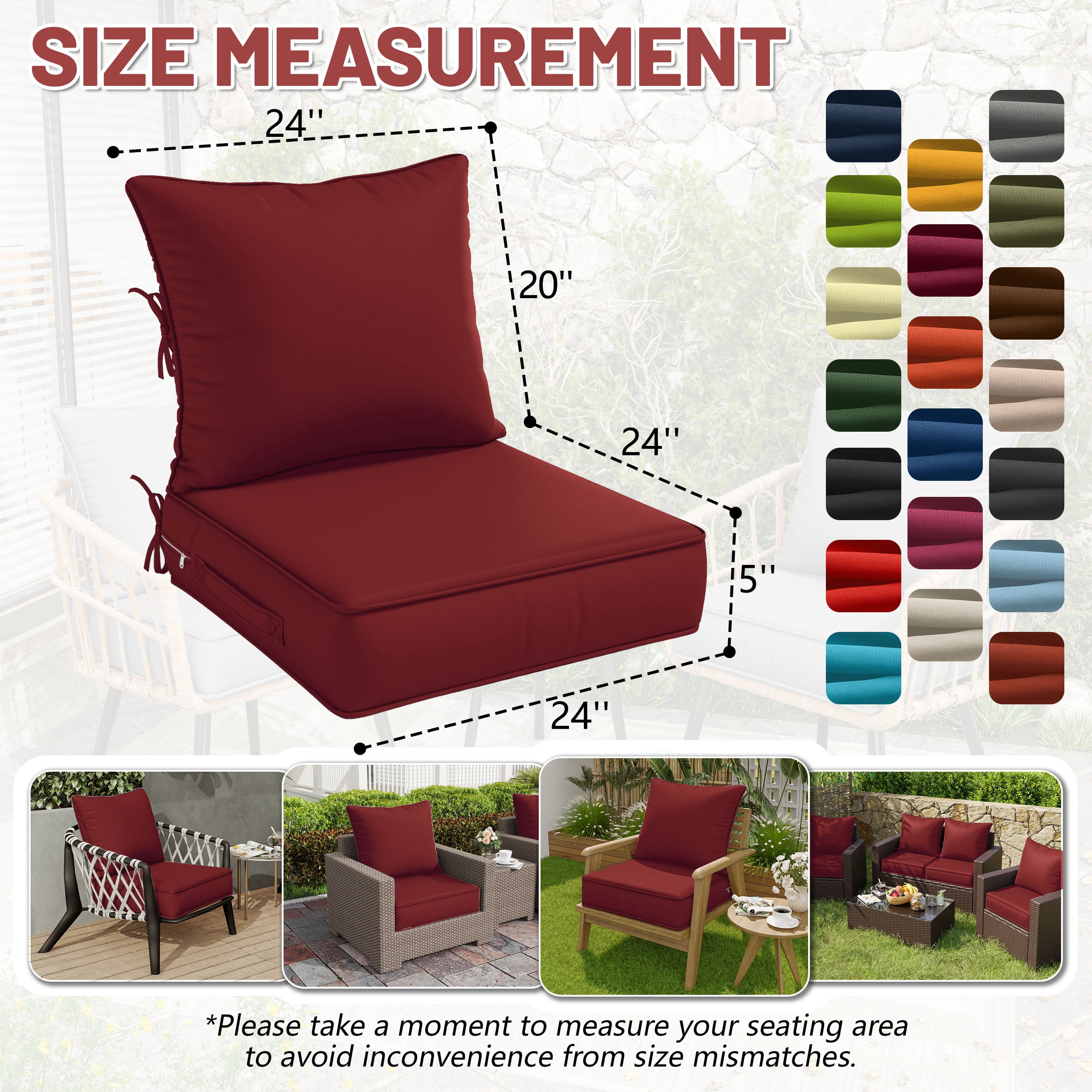 Pakunoda Patio Cushions for Outdoor Furniture 24” X 24” X 5”, Water Resistant Outdoor Deep Seat Cushions, Fade Resistant Replacement Cushions for Outdoor Furniture, Burgundy